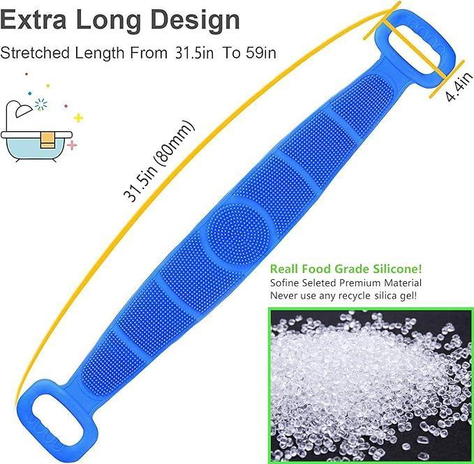 Title:
Silicone Bath Body Scrubber Belt with Double-Sided Exfoliating Brush & Handles