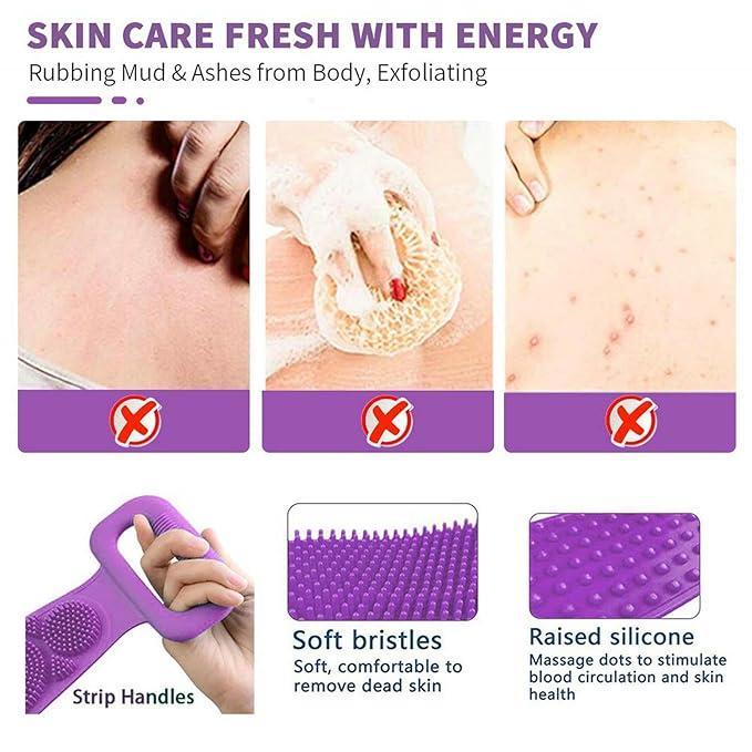Title:
Silicone Bath Body Scrubber Belt with Double-Sided Exfoliating Brush & Handles